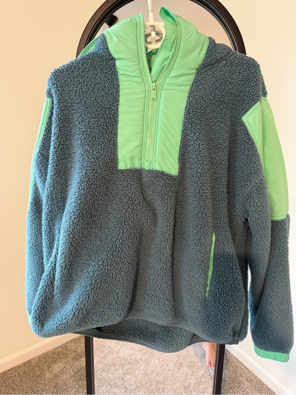 Free People Sherpa Pullover Hoodie in Teal with Mint Accents